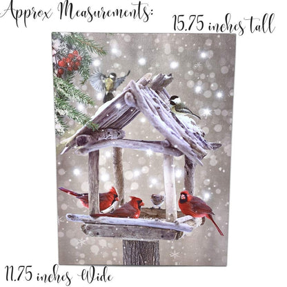 BANBERRY DESIGNS Lighted Cardinals Canvas Print with Rustic Bird Feeder - Berries Snowy LED Winter Scene - 20 Fiber Optic Lights - Wall Art - Measures 15.75" x 11.75"