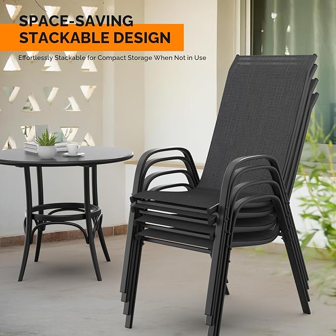 VINGLI Patio Chairs Set of 2 – Stackable Outdoor Dining Chairs with Comfortable Sling High Back Chairs and Armrests for Lawn, Poolside, Courtyard, Balcony, Garden, Black