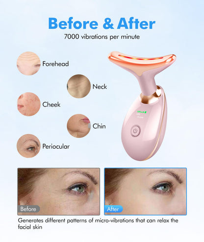 Red-Light-Therapy-for-Face-and-Neck, 7 Color Face Massager Tool for Wrinkles, Double Chin, Vibrating Facial Massager with Thermals for Skin Care, Glossy Pink