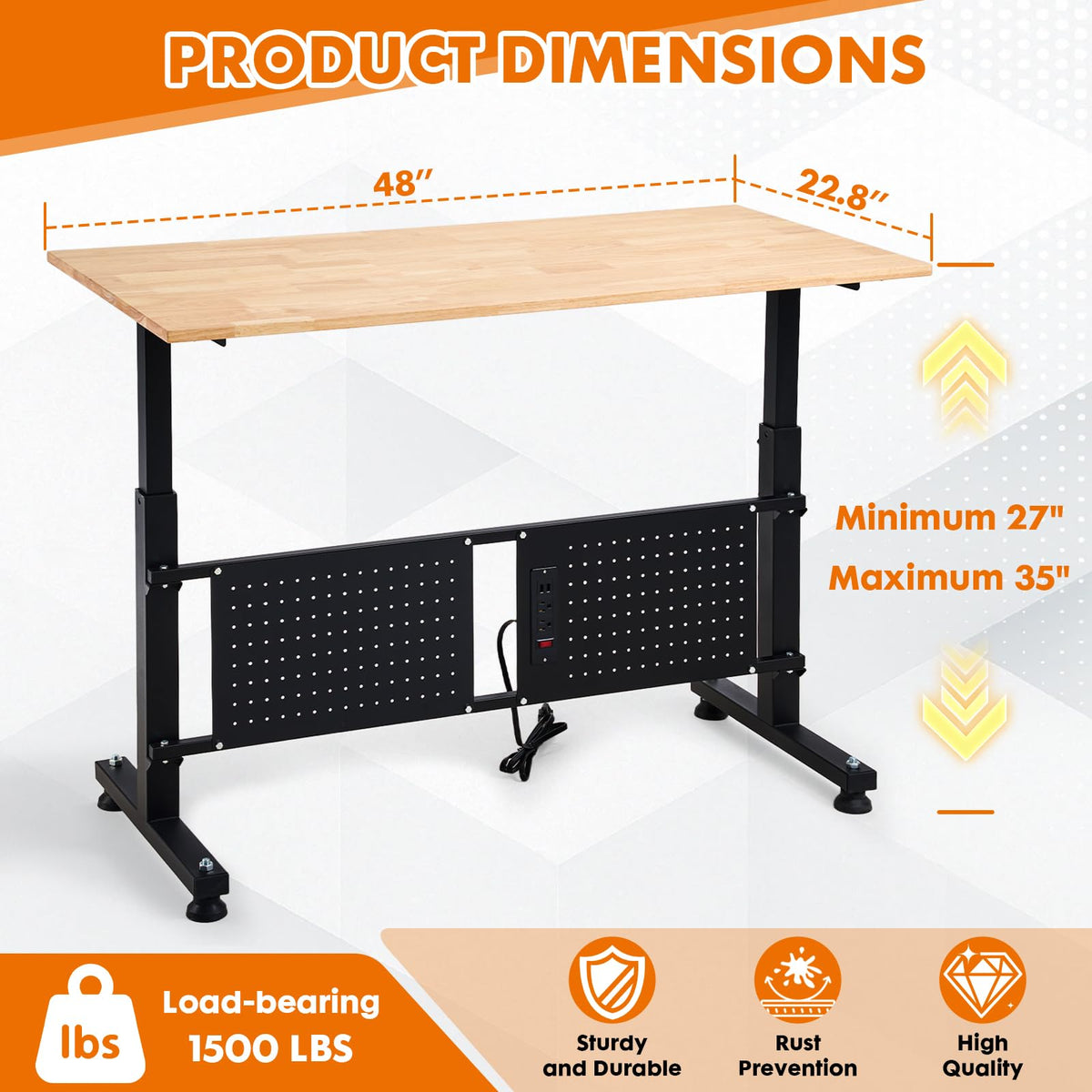 GVGBUK 48 Inch Adjustable Height Workbench, 1500 LBS Capacity Garage Work Table with Power Outlets, USB Ports & Pegboard, Solid Wood Top Work Bench for Workshop, Office, Garage