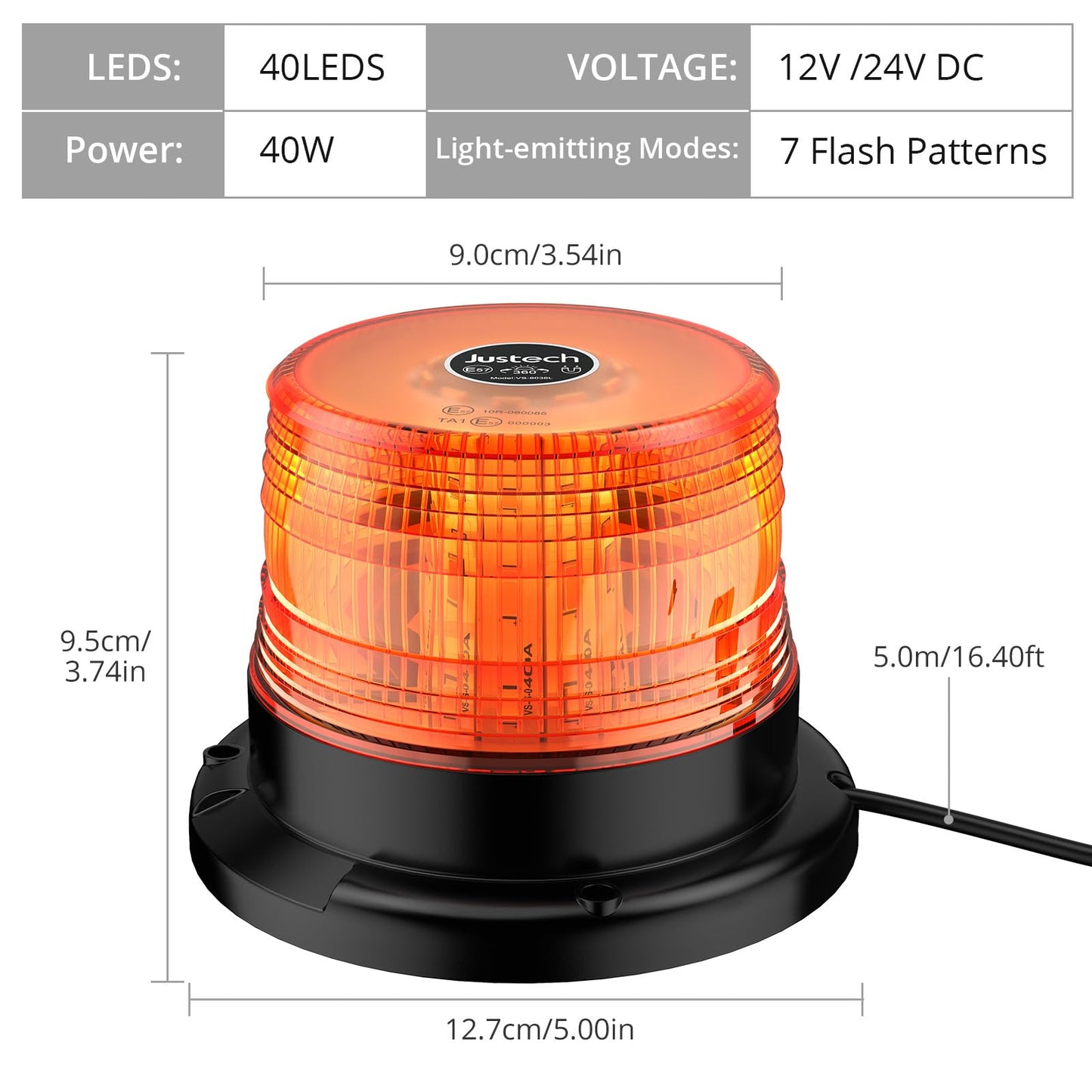 Justech 12/24V Flashing Beacon 40W 40 LED Emergency Warning Strobe Light Amber Strobe Lights 7 Flash Modes Waterproof with Magnetic Base for Truck Vehicle