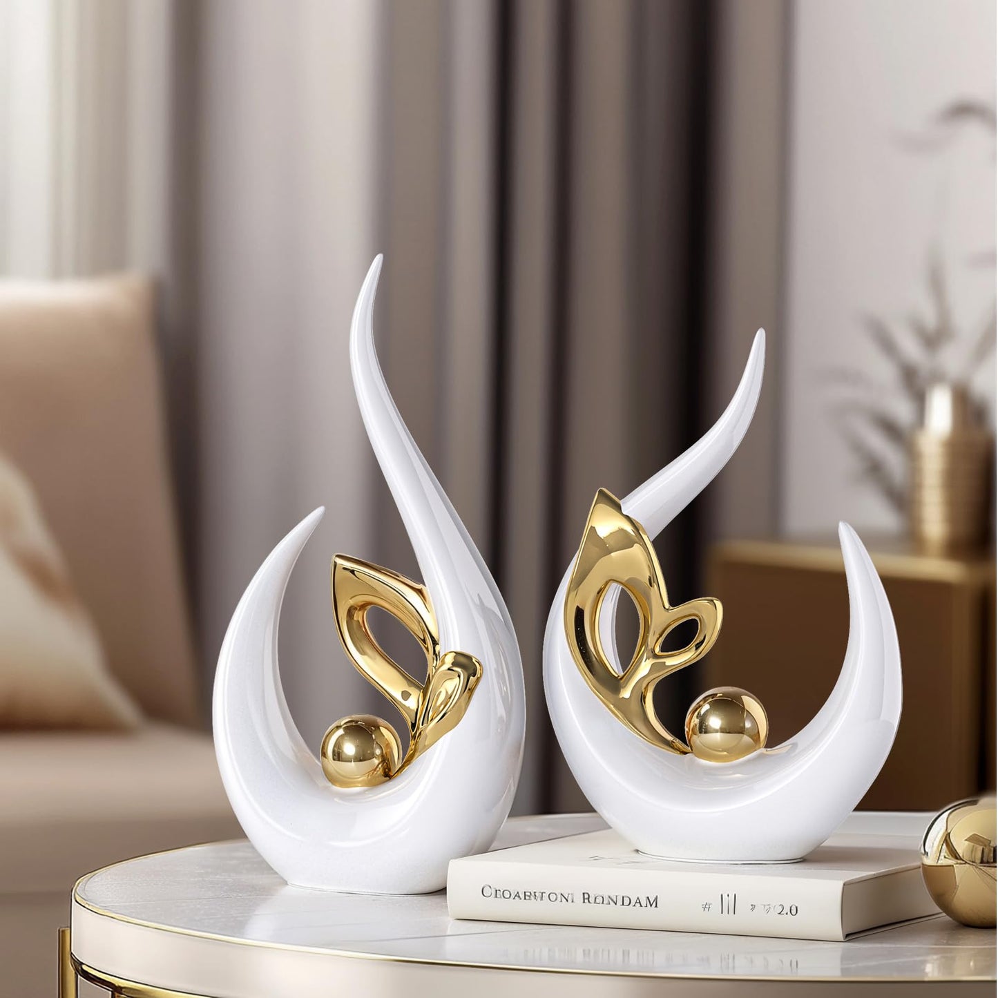 White Gold Home Decor Accent,Abstract Ceramic Statue and Sculptures for Living Room,Mid Century Modern Decor for Desktop Bookshelf tv Stand Fireplace Coffee Table Centerpieces Decorations