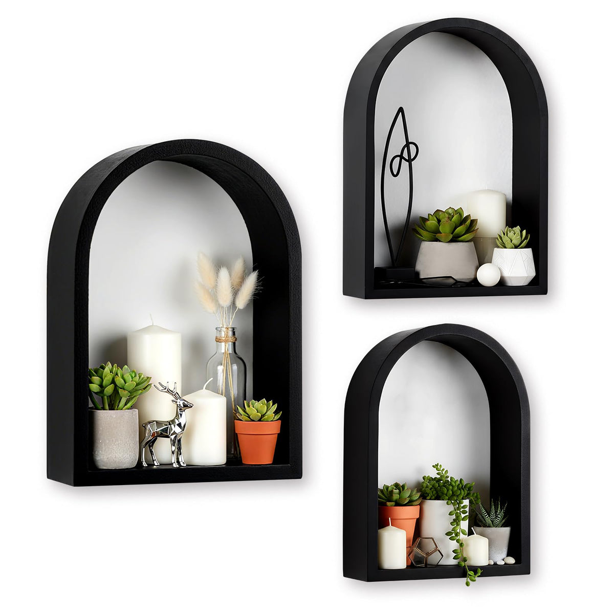 Threehoney 3 Set Wall Shelf 9.8 x 7.1 Inch Wooden Hanging Shelf Deep Display Storage Shelves Floating Shelves for Home Office Room Mini Figures Potted Plants Wall Decor(Arched,Black)