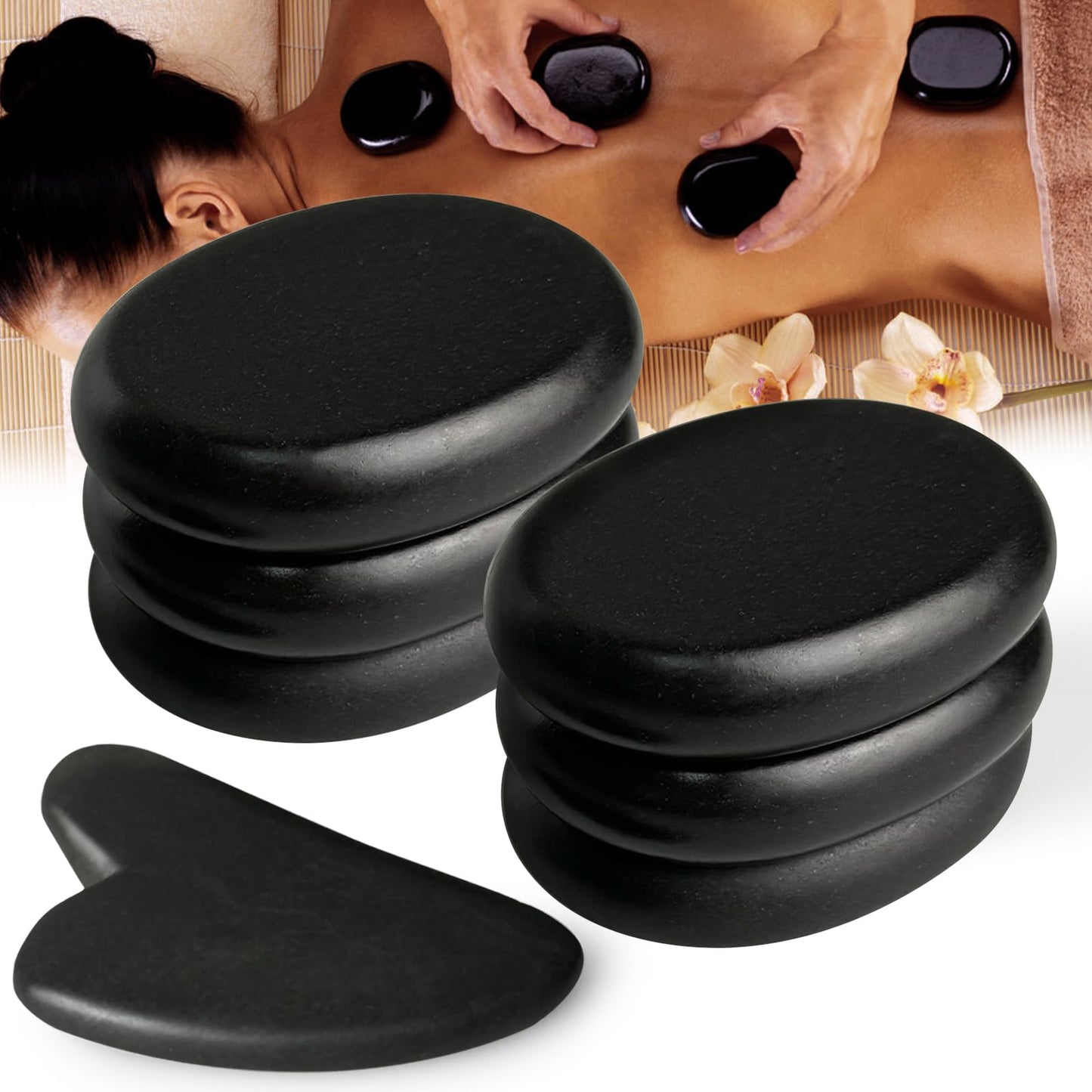HDYAR 7 Pieces Hot Stones Massage Set - 6 Large Oval Massage Stones for Body Massage and 1 Heart-Shaped Basalt Stone Gua Sha Tool for Face Hot Rocks for Home Spa, Relaxing, Pain Relief