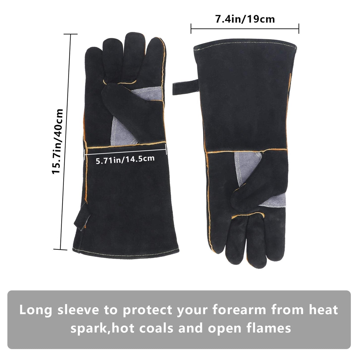 chengsan Extreme Heat & Fire Resistant Gloves Leather with Kevlar Stitching,Perfect for Fireplace, Stove, Oven, Grill, Welding, BBQ, Mig, Pot Holder, Animal Handling, Black-Grey
