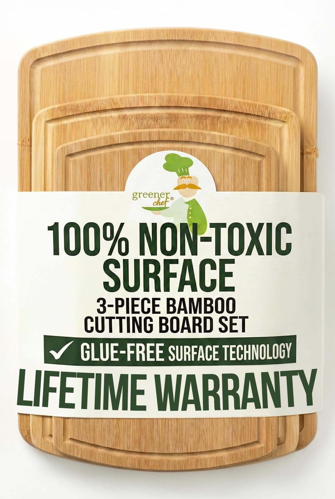 Greener Chef Luxury Bamboo Cutting Board Set of 3 with Glue-Free Surface Technology - Extra Spacious Wood Cutting Boards for Kitchen and XL Chopping Board Set - Replacements for Life