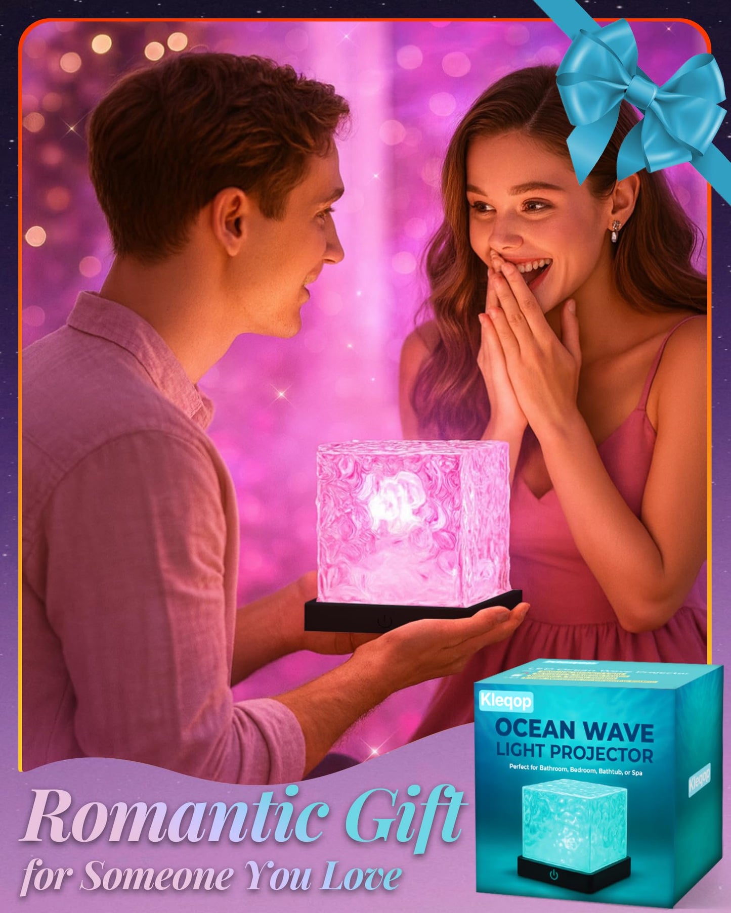 Rechargeable Shower Light Cube, 16 Color Ocean Wave Projector Light Battery Operated, Waterproof Shower Mood Lighting with Remote, Relaxing Bath Lights, Ocean Lamp for Bathroom, Bedroom, Ocean Gifts