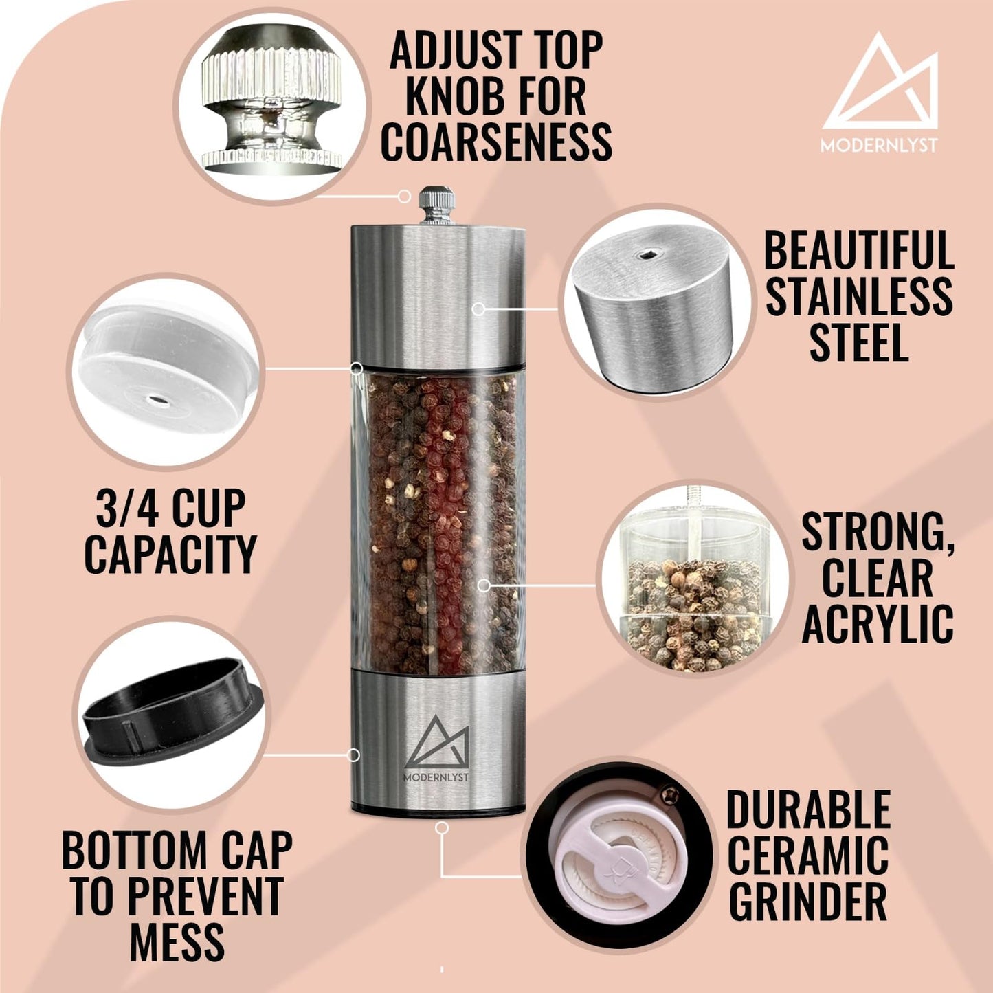 MODERNLYST Salt and Pepper Grinder Set Manual 2 Pack | Large Round Salt and Pepper Shakers Set | 7.5 inch Stainless Steel Salt Grinder Refillable | Manual Pepper Grinder (Stainless Steel)