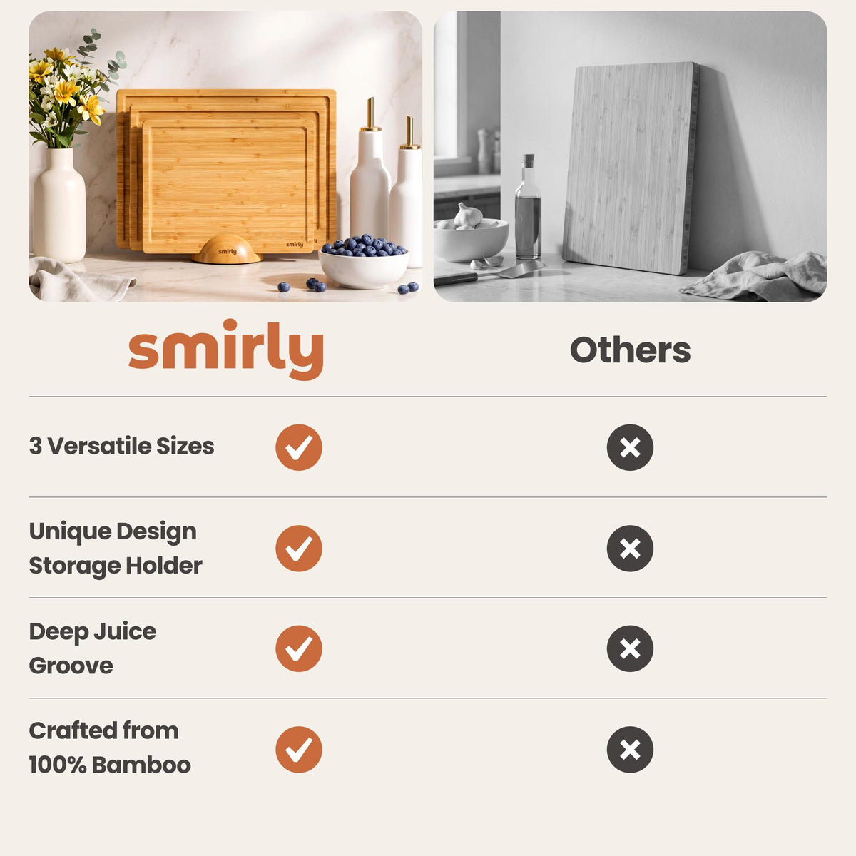SMIRLY Bamboo Cutting Boards for Kitchen - Wood Cutting Board with Handle and Juice Groove - Wooden Chopping Board Set of 3 with Holder