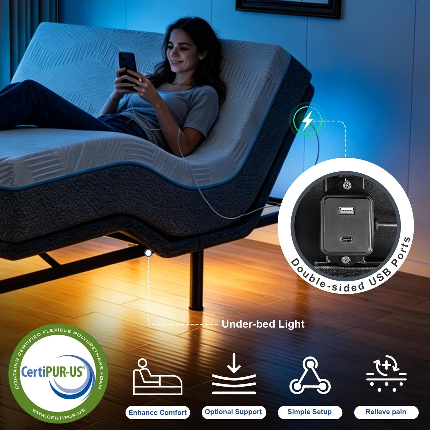 Vipbear Twin XL Adjustable Bed Frame with Mattress, 12" White Memory Foam Mattress – Electric Bed Base with Pillow-Tilt, Zero Gravity, Anti-Snore, Wireless Remote, USB Ports, Under-Bed Nightlight