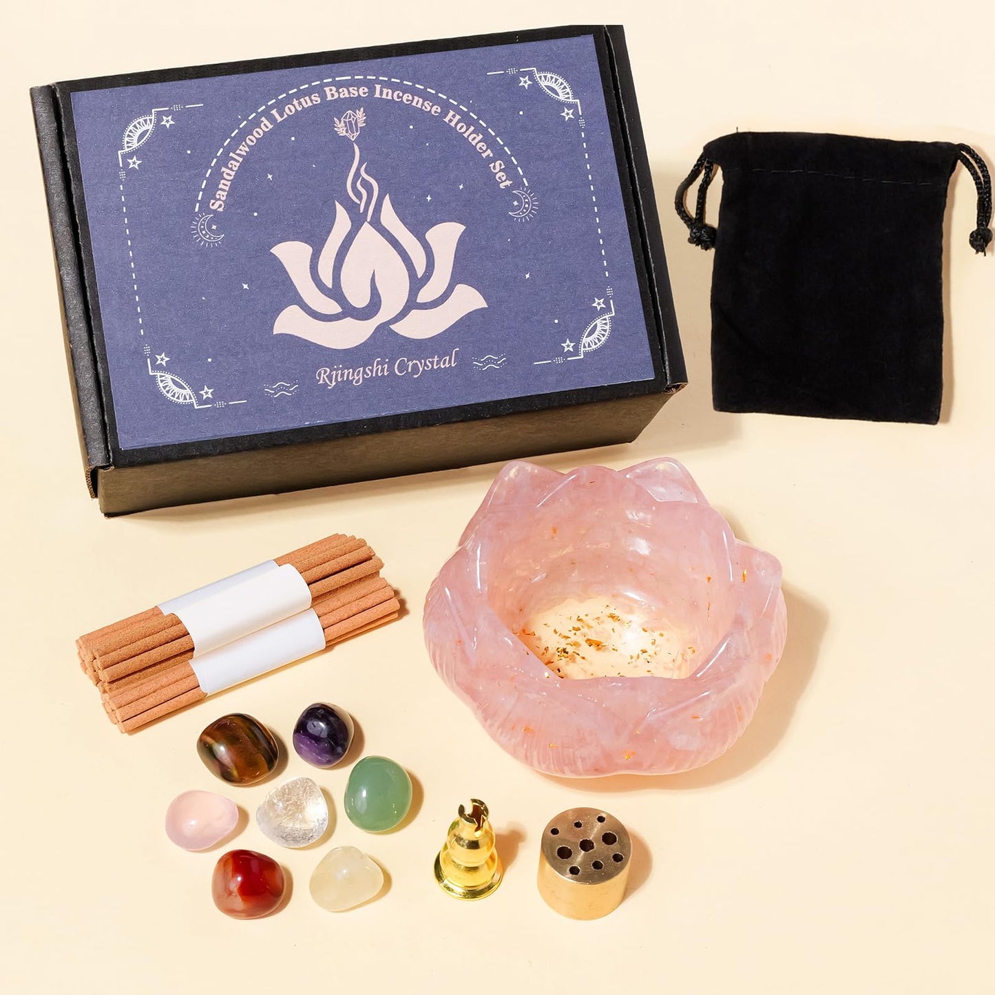 Incense Holders 40 Incense Sticks Rose Quartz Resin and Crystal Lotus Burner Soothe The Nerves Removable Ash Collector for Meditation, Yoga & Spiritual Home Decor