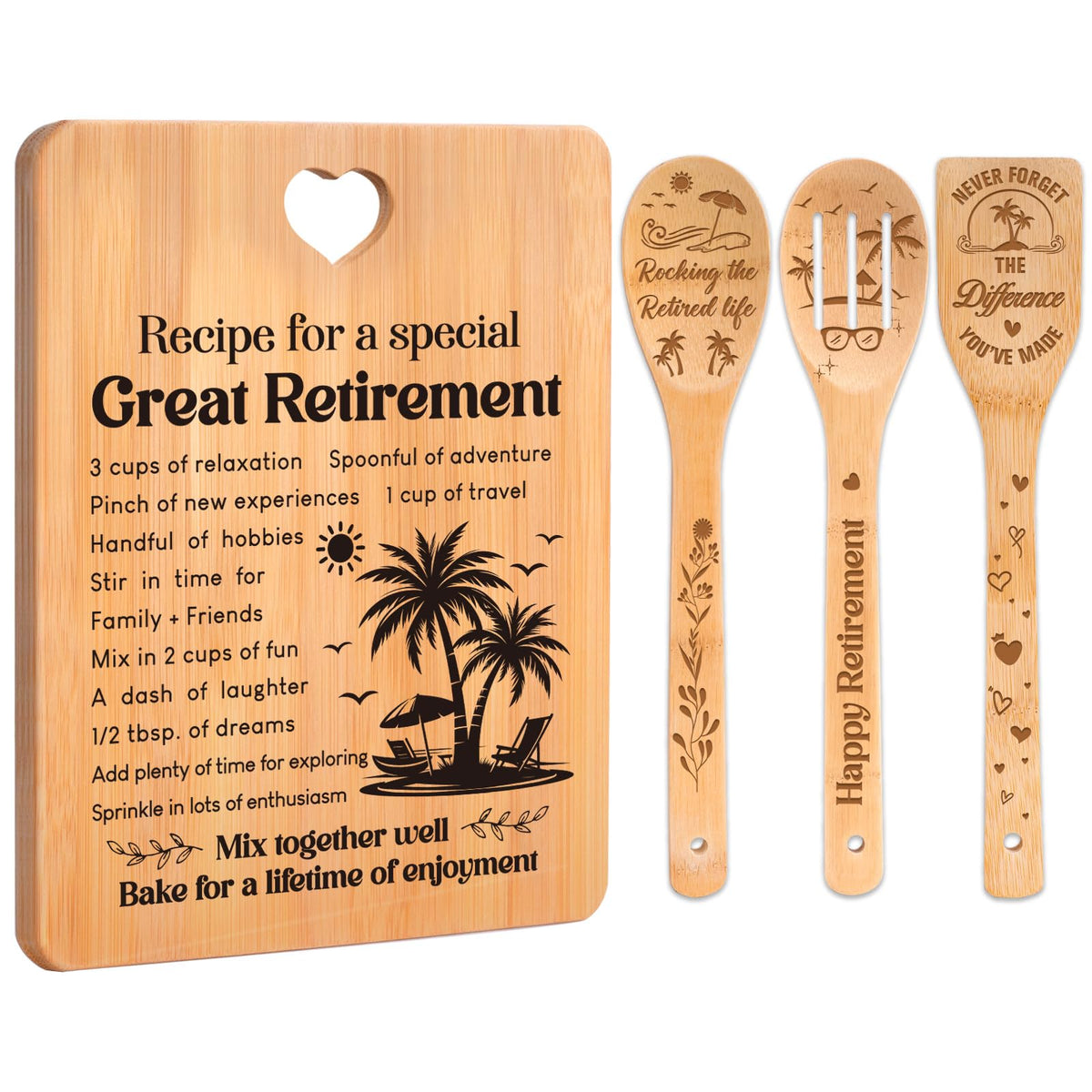 Retirement Gifts for Woman/Men 2026, Happy Retirement Bamboo Cutting Board Set for Colleagues, Coworker, Friend, Teacher, Boss, Parents, Family - Recipe for a Special Great Retirement.
