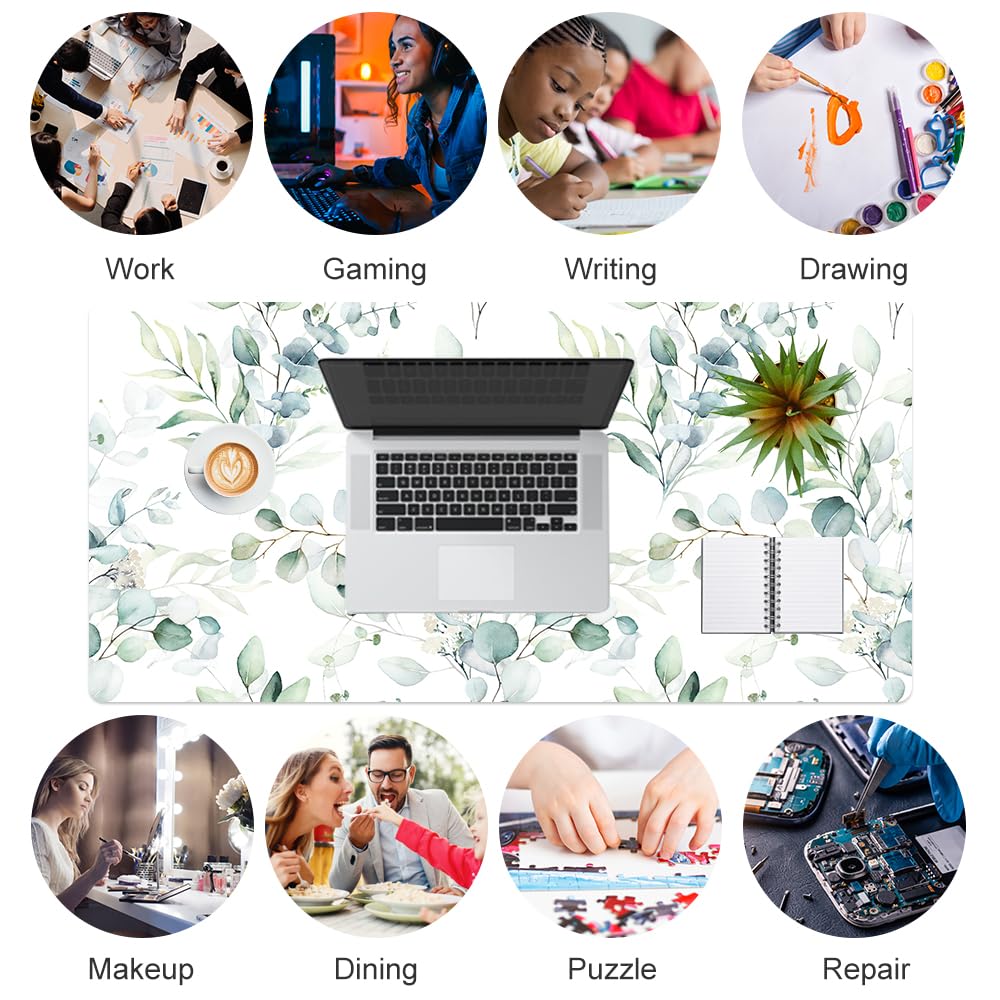 QIYI Large Mouse Pad, Cute Green Leaves Desk Mat for Desktop, Women Girls Office Décor Desk Accessories, PU Leather Waterproof Gaming Mousepad, Eucalyptus Leaf Desk Pad Computer Mat, 31.5" x 15.7"