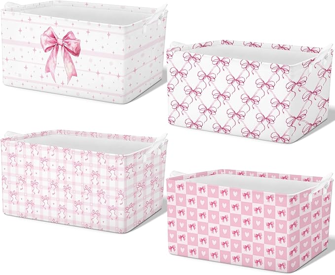 4 Pcs Pink Bow Storage Basket for Gifts Collapsible Girls Coqutte Pink Storage