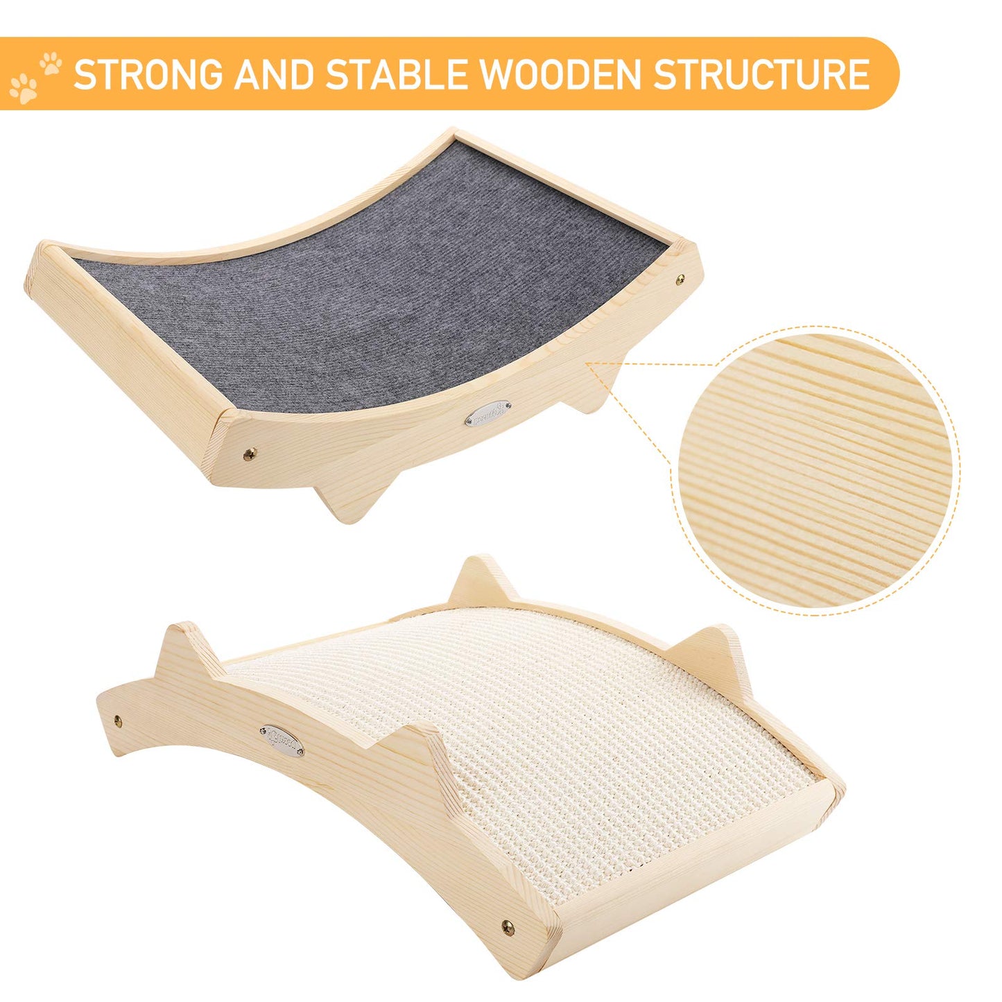 Double-Sided Cat Scratcher With Natural Sisal + Carpet Cloth, Durable Solid Wooden Structure Scratch Pad for Indoor Cats, Scratcher Lounge, 16.5 x 10.8in