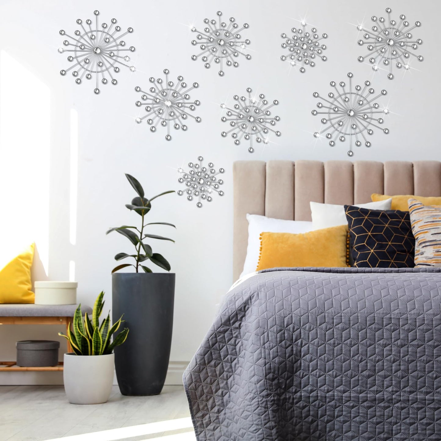 MorningRo 8 Pcs Metal Wall Decor Bling Crystal Wall Art Cast Iron Rhinestones Sunburst Decor Starburst Art Hanging Diamond Accents Home Decorative for Living Room Bedroom Entryway