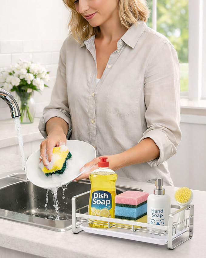 HULISEN Large Sponge Holder, 304 Stainless Steel Kitchen Soap Dispenser Caddy