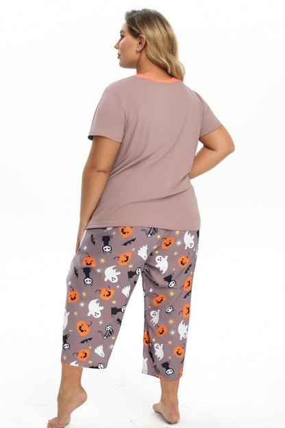 Vozanet Women's Pajamas Set Soft V Neck Sleepwear Top and Capri Pj Lounge Sets Plus Size Novel Floral Design Elegant Loungewear Capri Sets, Ghost Pumpkin, XX-Large