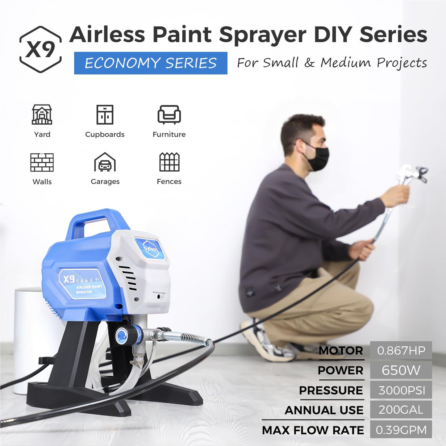 X9 Airless Paint Sprayer with 14Pcs Airless Paint Sprayer Gun Kit, 0.39GPM Paint Sprayer for Home Interior 650W 3000psi Airless Sprayer with Low Overspray Adjustable Pressure & Motor Speed