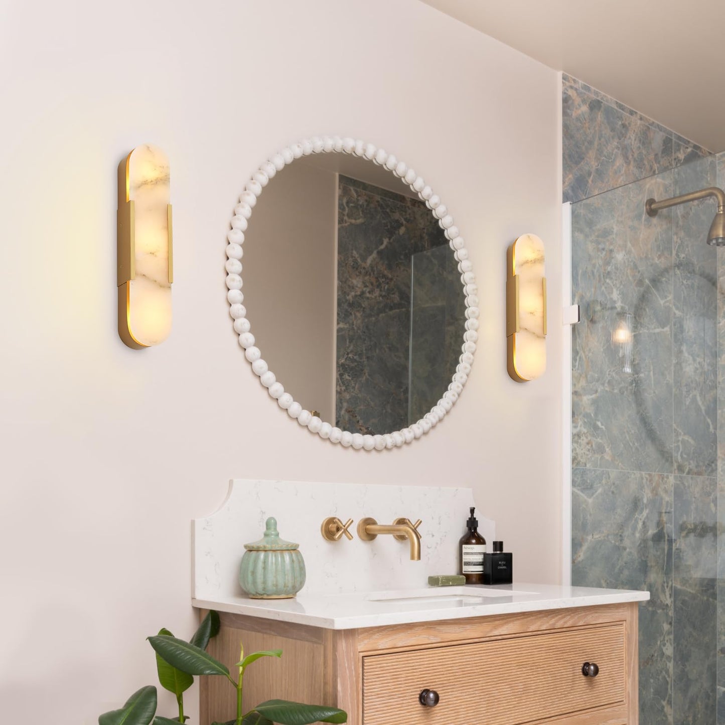 VANZARLA Modern Gold Wall Sconces for Living Room, Marble Sconce Wall Light Fixtures for Bedroom, Alabaster Sconce Lighting for Entryway Bathroom, 1 Pack