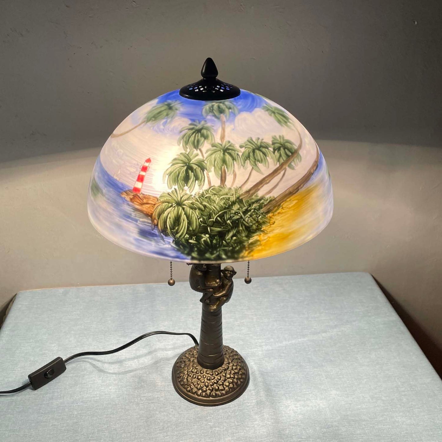 Bieye L10944 Coconut Trees Tropical Beach Hand-Painted Glass Table Lamp with Monkeys Harvesting Coconuts Lamp Base for Home Decor