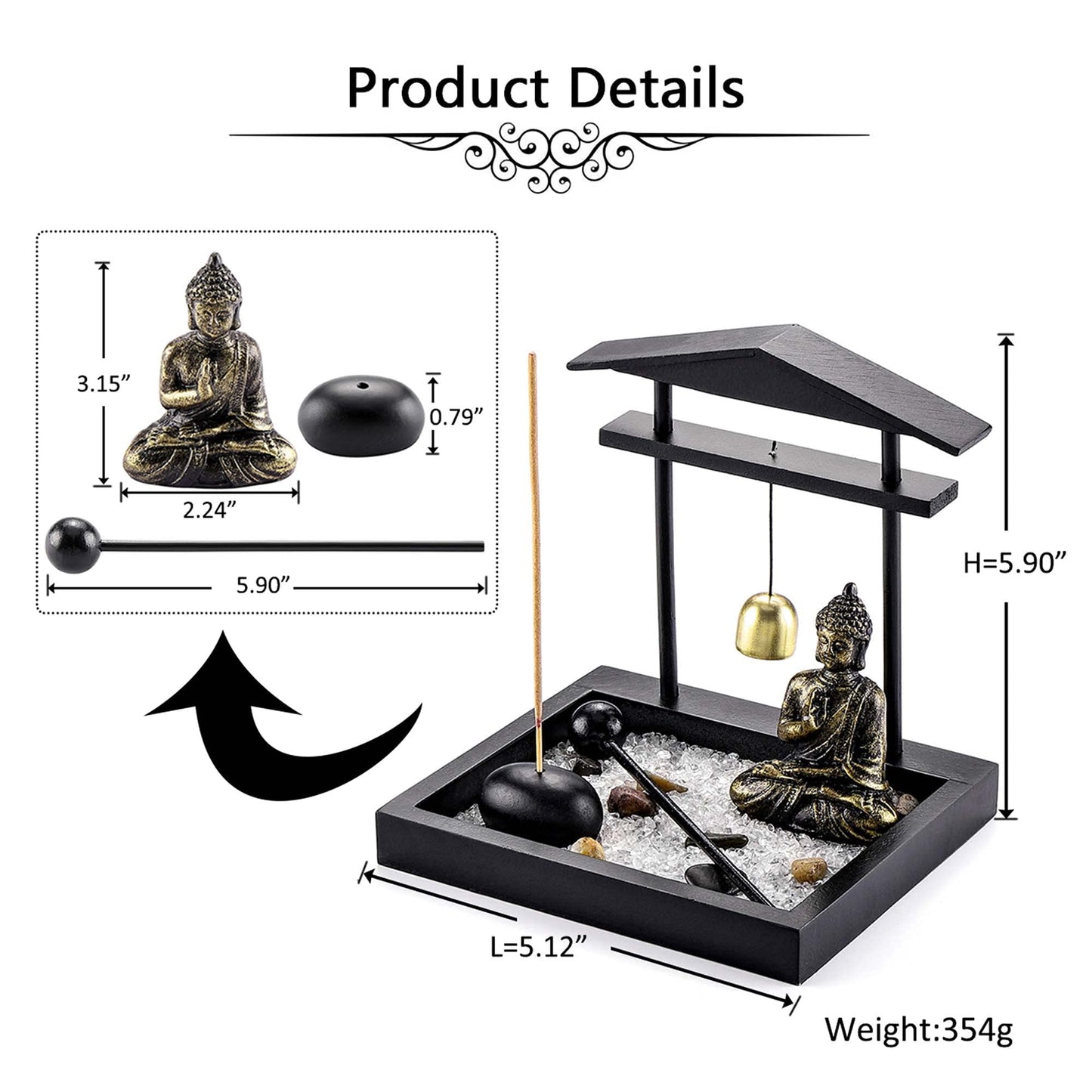 Jovivi Zen Garden Set Buddha Statue, Mallet & Rocks and Crystals & Incense Stick Holder Bowl & Wooden Display Tray for Yoga Meditaion Home Table Decor Gift