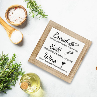 Bread Salt Wine Sign, Farmhouse Kitchen Decor, Shelves Decoration, Kitchen Desk Signs, Home Decor, Dining Room Decors, Freestanding Wooden Block Signs, Housewarming Gift