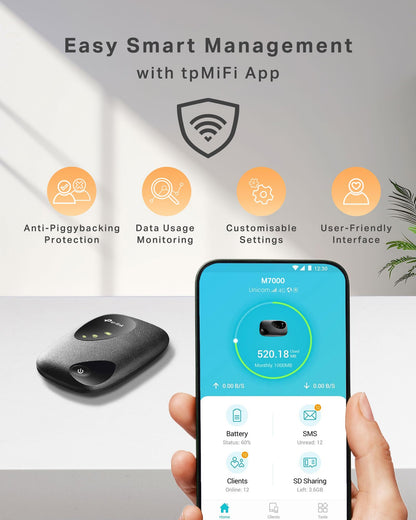 TP-Link M7000 4G MiFi, Portable Travel WiFi, Low Cost Unlocked LTE Cat4 Mobile Hotspot Dongle, Caravan WiFi with SIM Card Slot, High Global Compatibility, Easy App Management