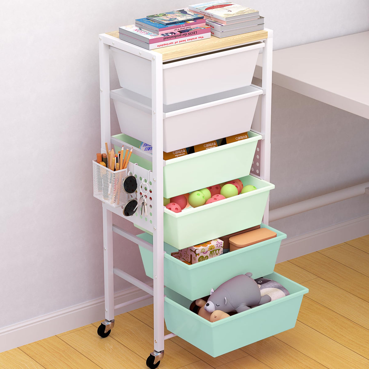 Rolling Cart with Drawers, Rolling Storage Cart with Large Plastic Drawers & Wooden Tabletop, Utility Cart with Pegboards & Basket, Storage Drawers Cart for Living Room, Classroom, Bedroom, Office