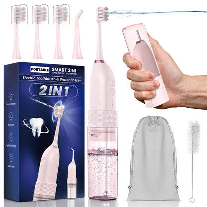 Portable Water flosser with Electric Toothbrush, 2 in 1 Teeth Cleaning Kit, Electric Toothbrush and flosser Combo, Water Flosser for Travel and Home (Black)