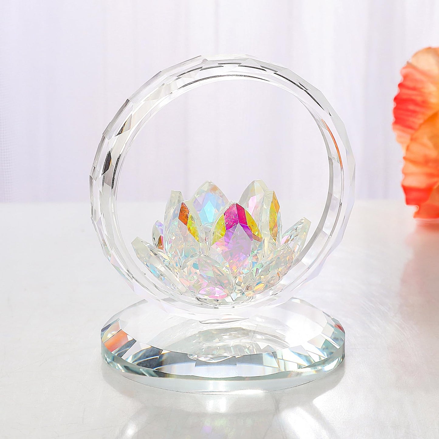 LONGWIN Crystal Lotus Flower Basket Figurine Collectible Glass Flowers Art Decor Reflection Feng Shui Decorative Ornaments for Living Room Bedroom Office AB - Coated