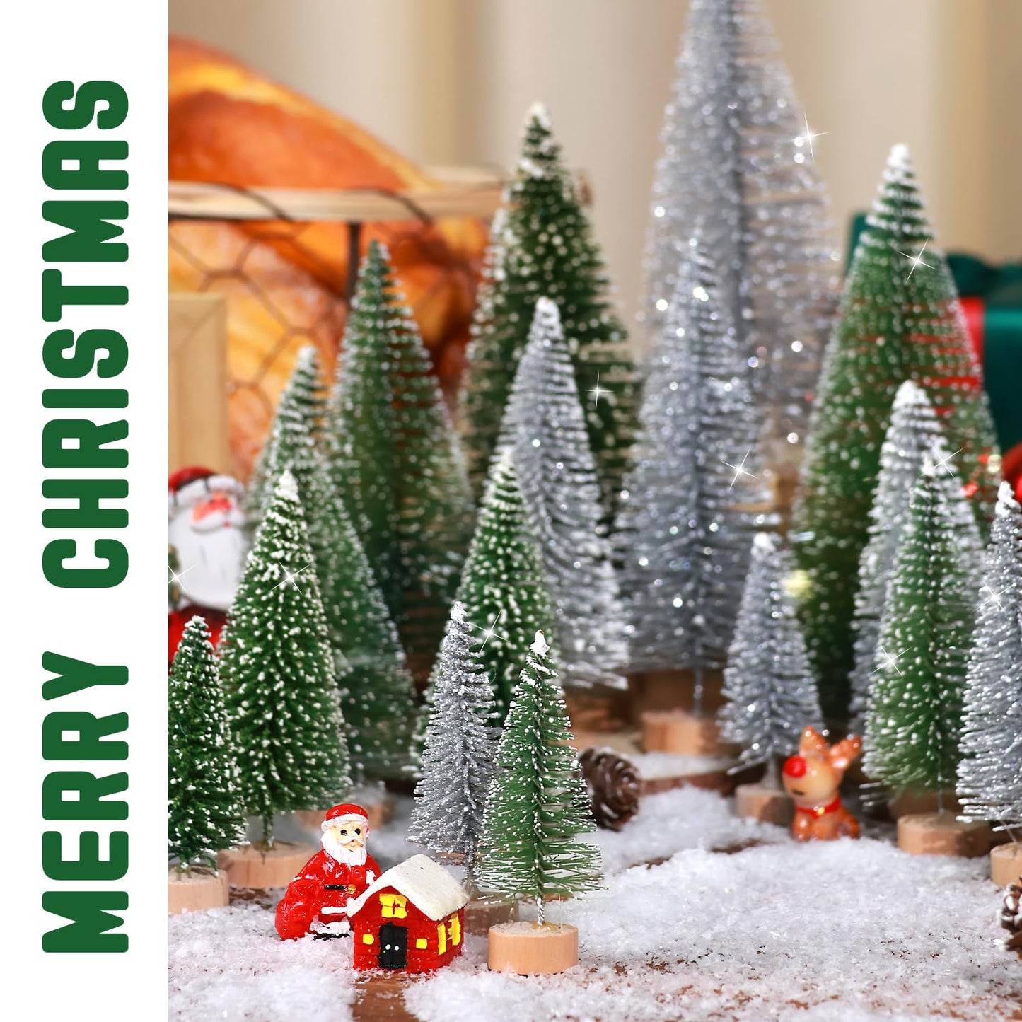 Set of 35PCS Mini Christmas Tree, Christmas Pine Cones, 2oz Fake Snow Powder, Mixed Christmas Decoration, Xmas Village Displays Winter DIY Crafts (Classic Green)