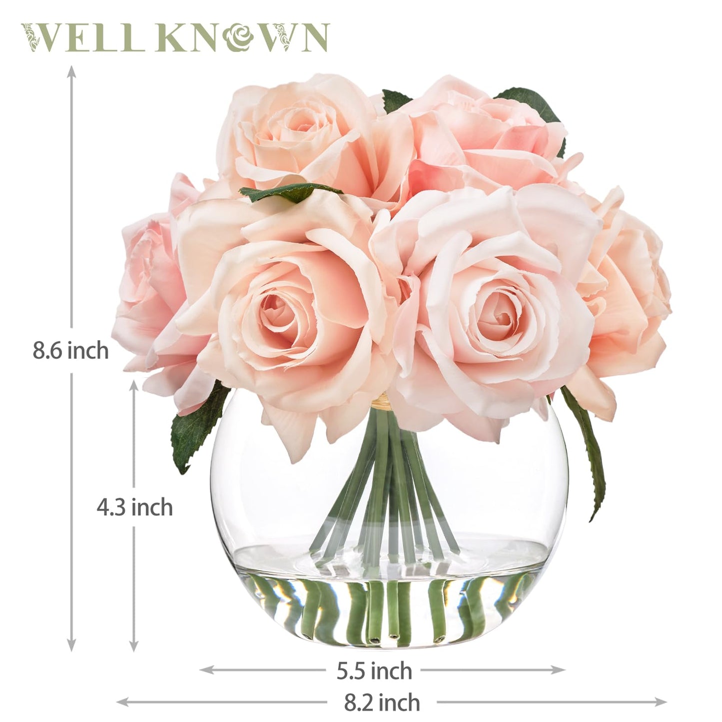 WELL KNOWN Artificial Flowers with Vase, Silk Rose Artificial Flowers Table Centerpieces with Faux Water for Home Decoration Fake Roses Flower Arrangements for Table Decor (Pink)