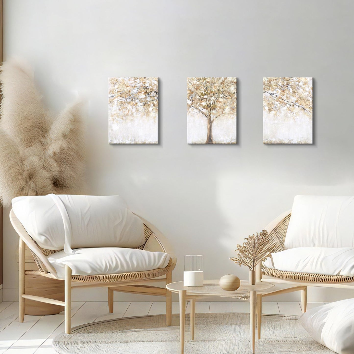 3 Panels Wooden Framed Tree Canvas Wall Art Beige Abstract Painting on Canvas Prints Poster Pictures for Living Room Bedroom Bathroom Dinning Room Hallway Home Office Wall Decoration 30x40cm x3pcs