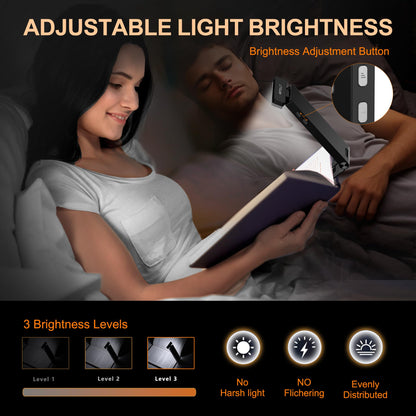 Book Lights,1500mAh Rechargeable Reading Light in Bed, 3 color Adjustable Reading Lights, 3 Brightness dimming Portable Bookmark Night Lamp, Built-in Battery Book Light, Best gift for Book lovers