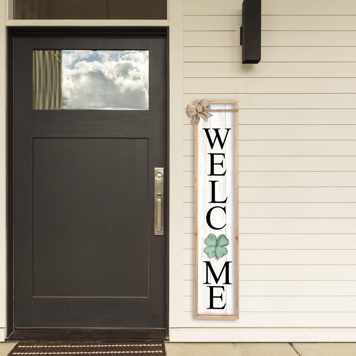 TQianJiang Interchangeable Welcome Sign for Front Porch Standing 45"X9" 12 Pcs Replaceable Signs Vertical Leaner Wood Framed Outdoor Decor (Wood White)