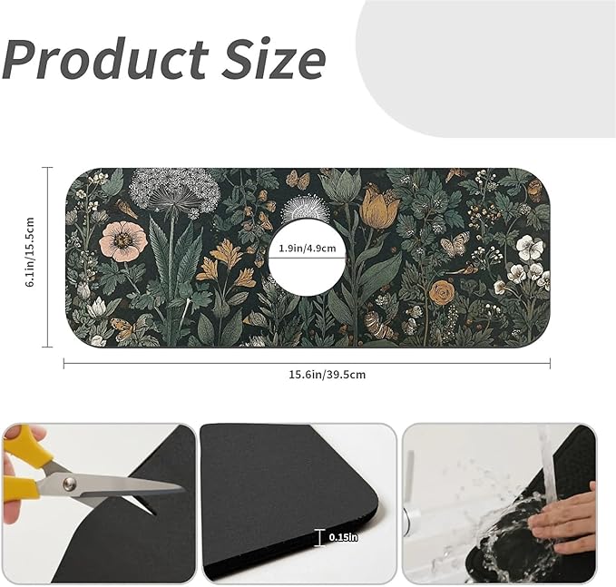 Kitchen Sink Splash Guard，Dark-green black flowers Faucet Mat Sink