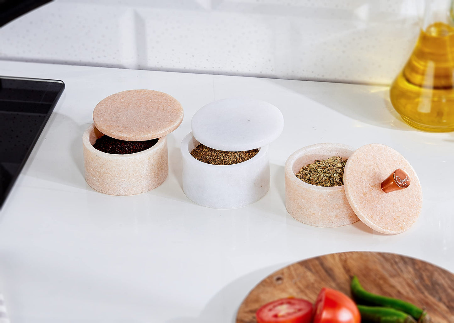 Queenza White Marble Salt Cellar with Lid – Handmade 3 Inch Marble Salt Bowl, Kosher Salt Keeper, Spice & Herb Container