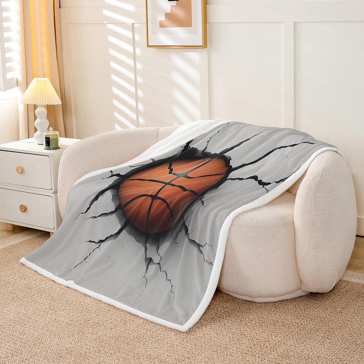 Feelyou Boys Basketball Sherpa Blanket for Sofa Couch Men Sports Theme Fleece 3D Ball Pattern Plush Throw Blanket Basketball with Gray Broken Wall Fuzzy Room Decor 50"x60"