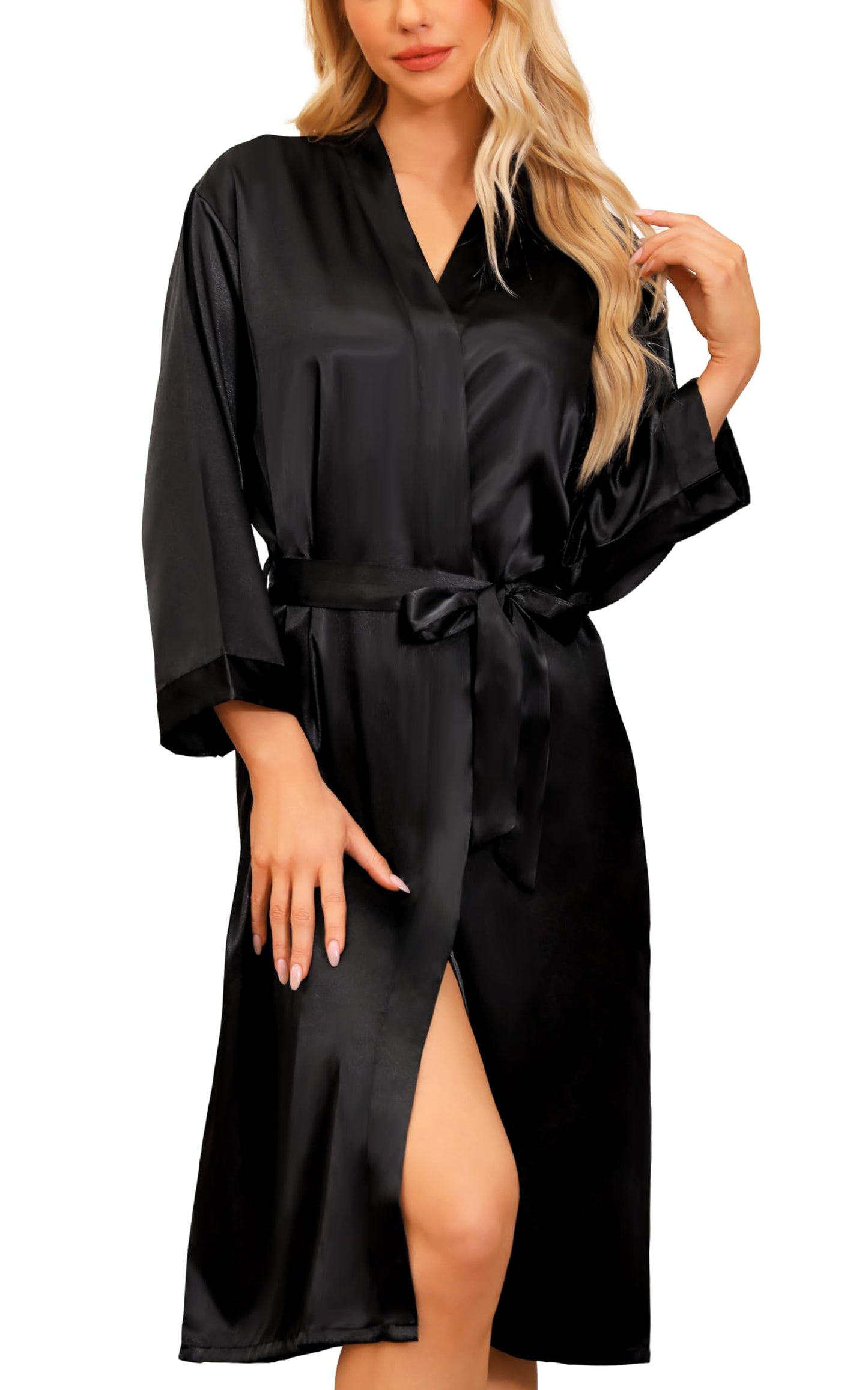 Sopesil Women's Satin Dressing Gowns Long Ladies Kimono Morning Robes Bridal Soft Wedding Party Sleepwear V-Neck,Black, L