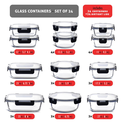 EATEX 48pc Glass Storage Containers with Lids, 24 Set Glass Food Storage Containers with 24 Airtight Lids, Pantry Kitchen Meal Prep Containers for Lunch, Freezer Storage Containers, Dishwasher Safe