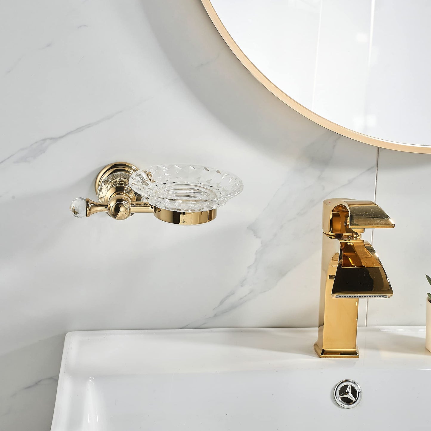 WOLIBEER Crystal Soap Dish Holder, Polished Gold Shower Soap Holder Stainless Steel Soap Saver Tray for Bathroom Wall Mounted