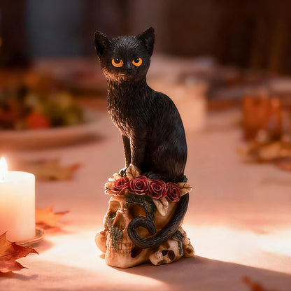 Black Cat Skull Statue, Gothic Resin Sculpture for Home Decor, Spooky Occult Witchy Dark Academia Collectible, Spring Gift for Cat Lovers Goth Collectors Men Women, Birthday Anniversary Housewarming