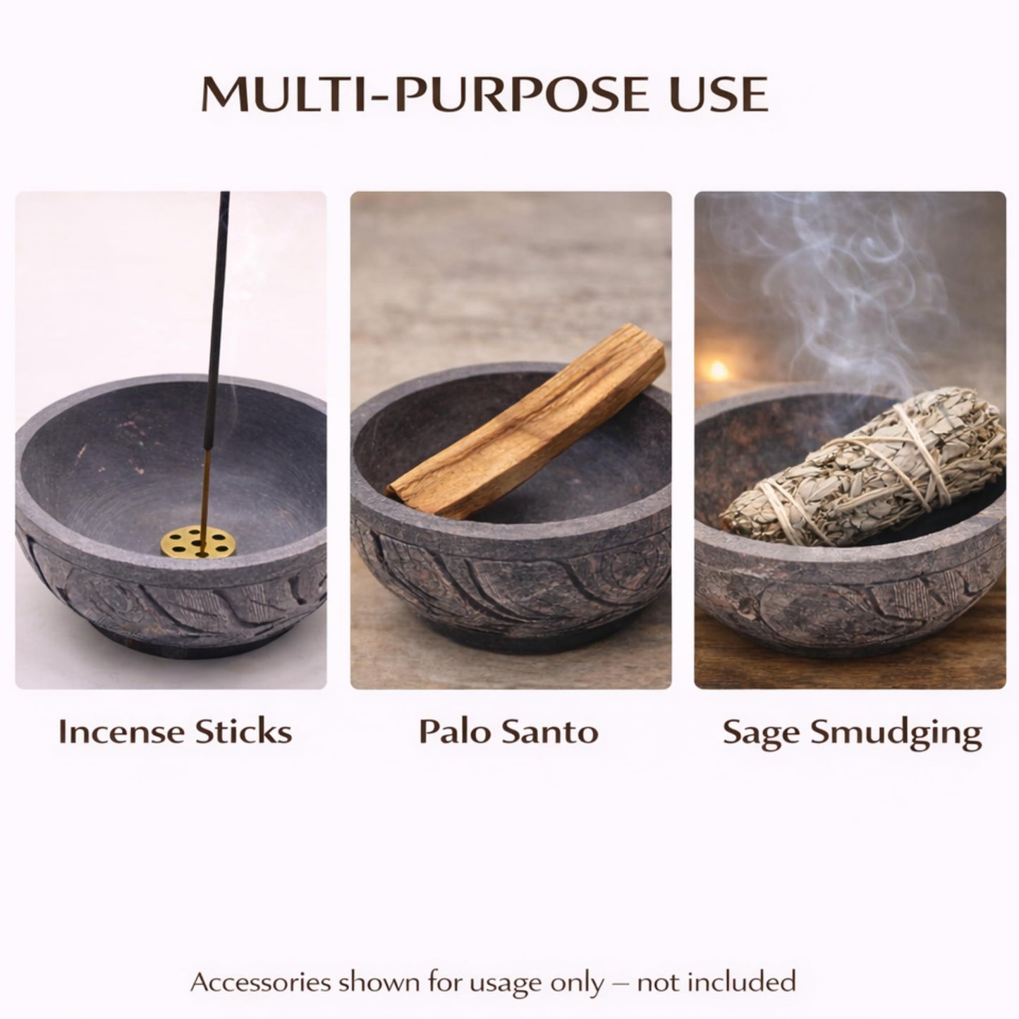 KC KULLICRAFT Natural Grey Marble Incense Holder Bowl – 5" Ash Catcher Burner for Meditation, Smudge, Palo Santo – 9-Hole Brass Insert Fits Most Incense Sticks.