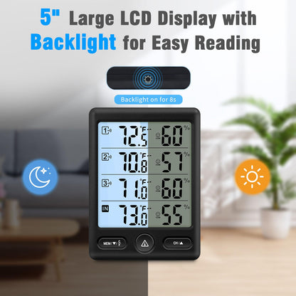 Geevon Indoor Outdoor Thermometer Wireless with 3 Remote Sensors, Digital Hygrometer Thermometer, Wireless Temperature Humidity Monitor Gauge with 200FT/60M Range (Black)