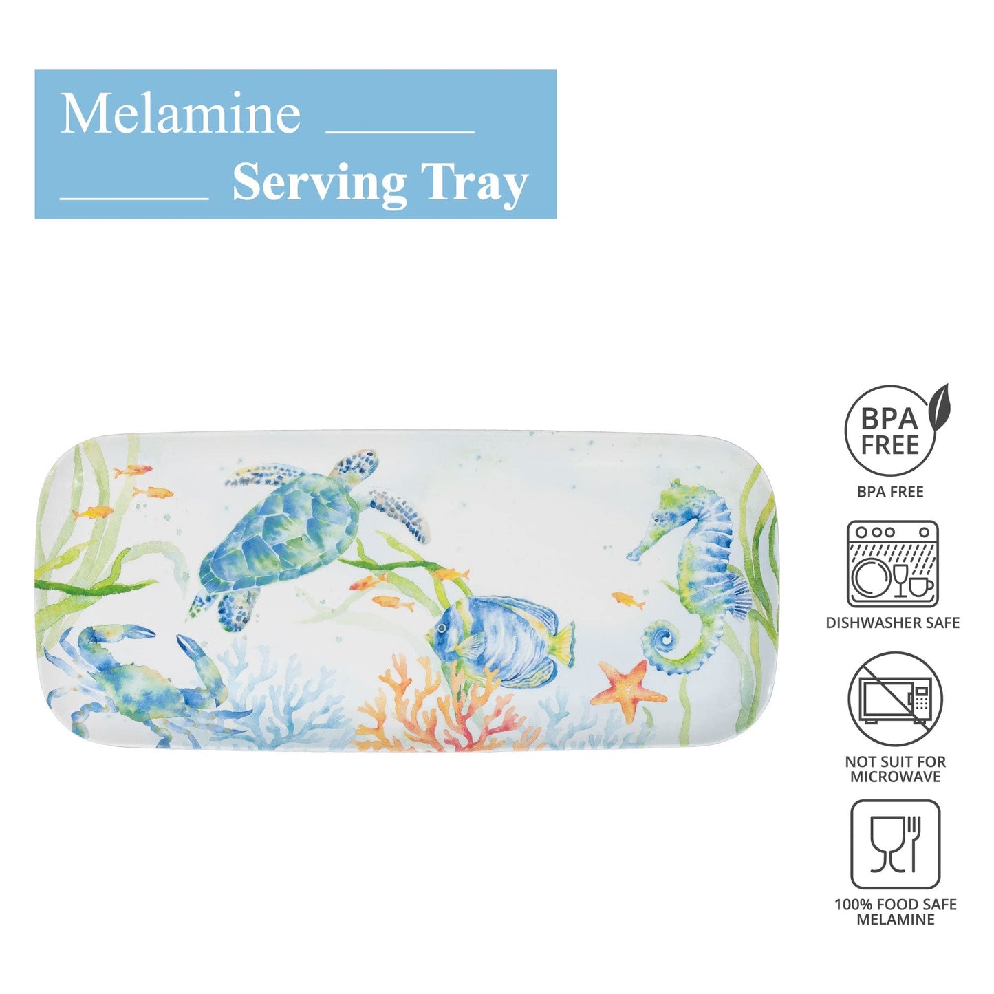 UPware Sea Life Serenade Melamine Serving Tray, 15 x 6.5 Inch Rectangular Serving Platter, BPA Free Food Tray for Party Entertaining