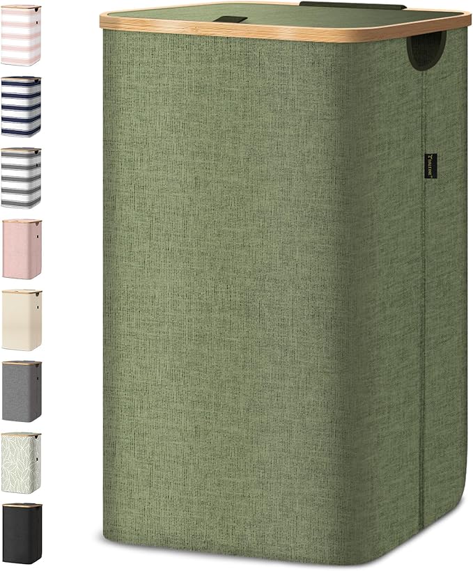 BALEINE Laundry Hamper with Lid, Tall Laundry Baskets with Bamboo Pull Handles