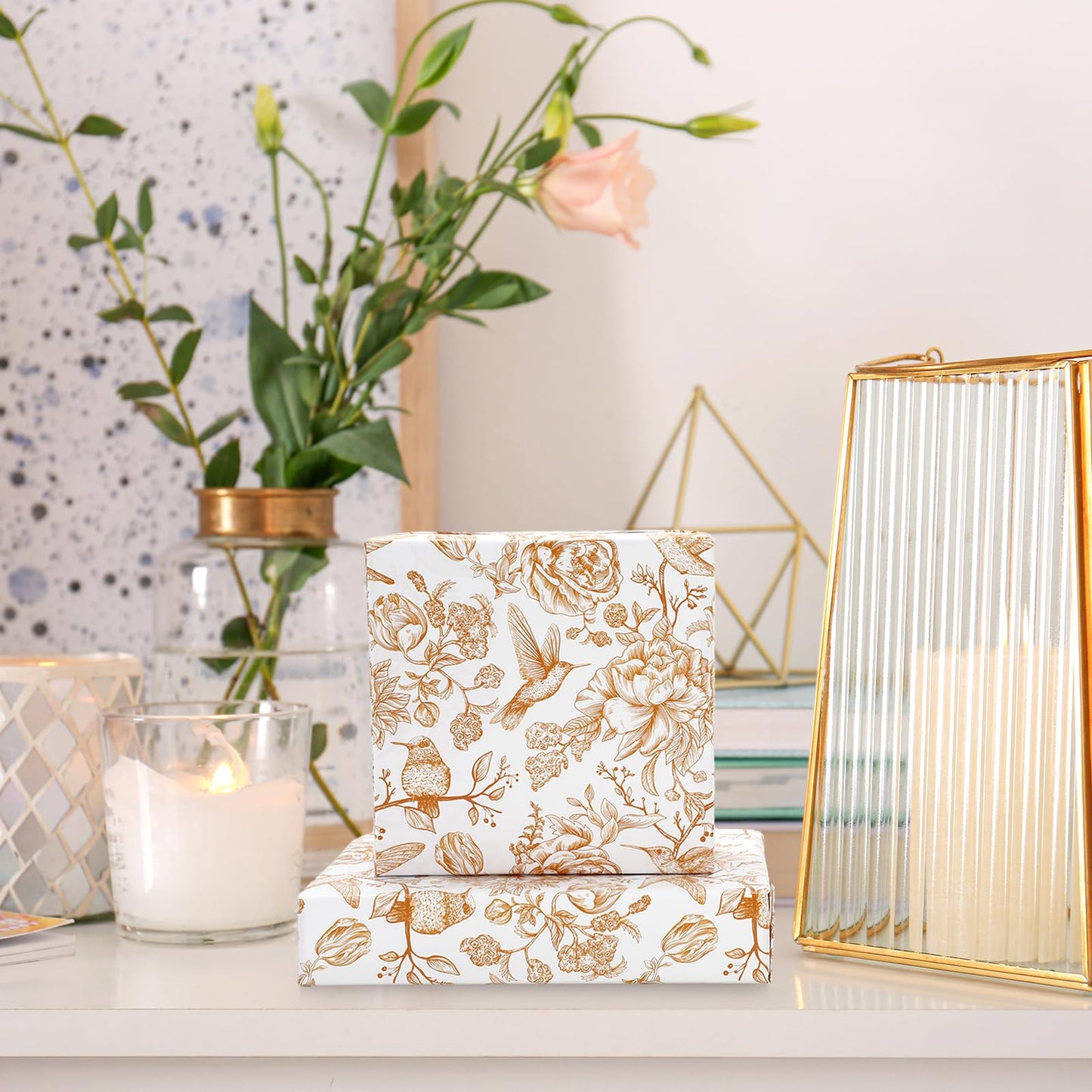 FYSUIMU Orange Floral Wrapping Paper -Mini Roll- 17 In x 32.8 Ft Chinoiserie Birds Flower Gift Wrap Paper for Wedding Baby Shower Birthday Party Wrapping Supplies