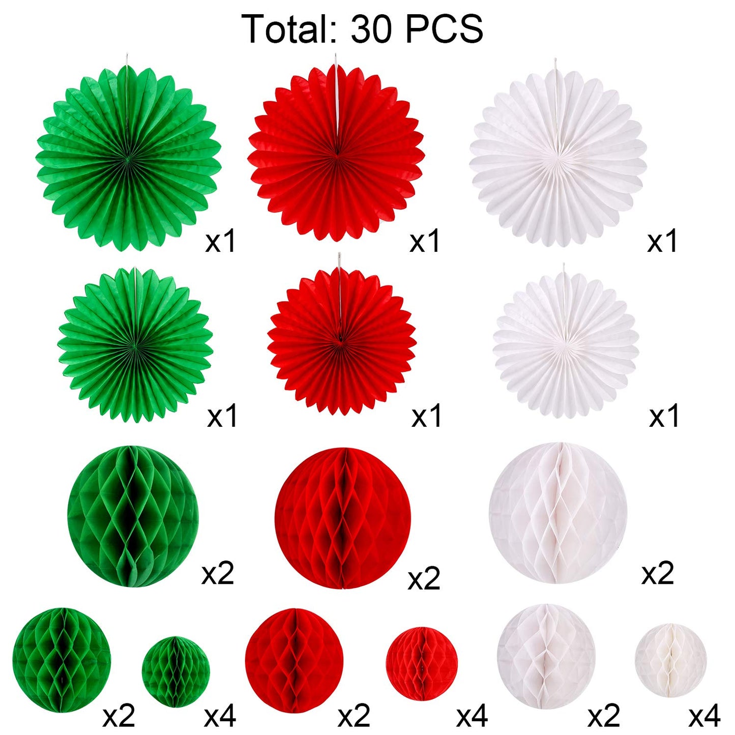 Konsait 30pcs Christmas New Year Hanging Decoration Paper Honeycomb Balls Paper Fans Kit for Xmas Party Decor Supplies Baby Shower Birthday Wedding Home Decoration Red White Green Decor