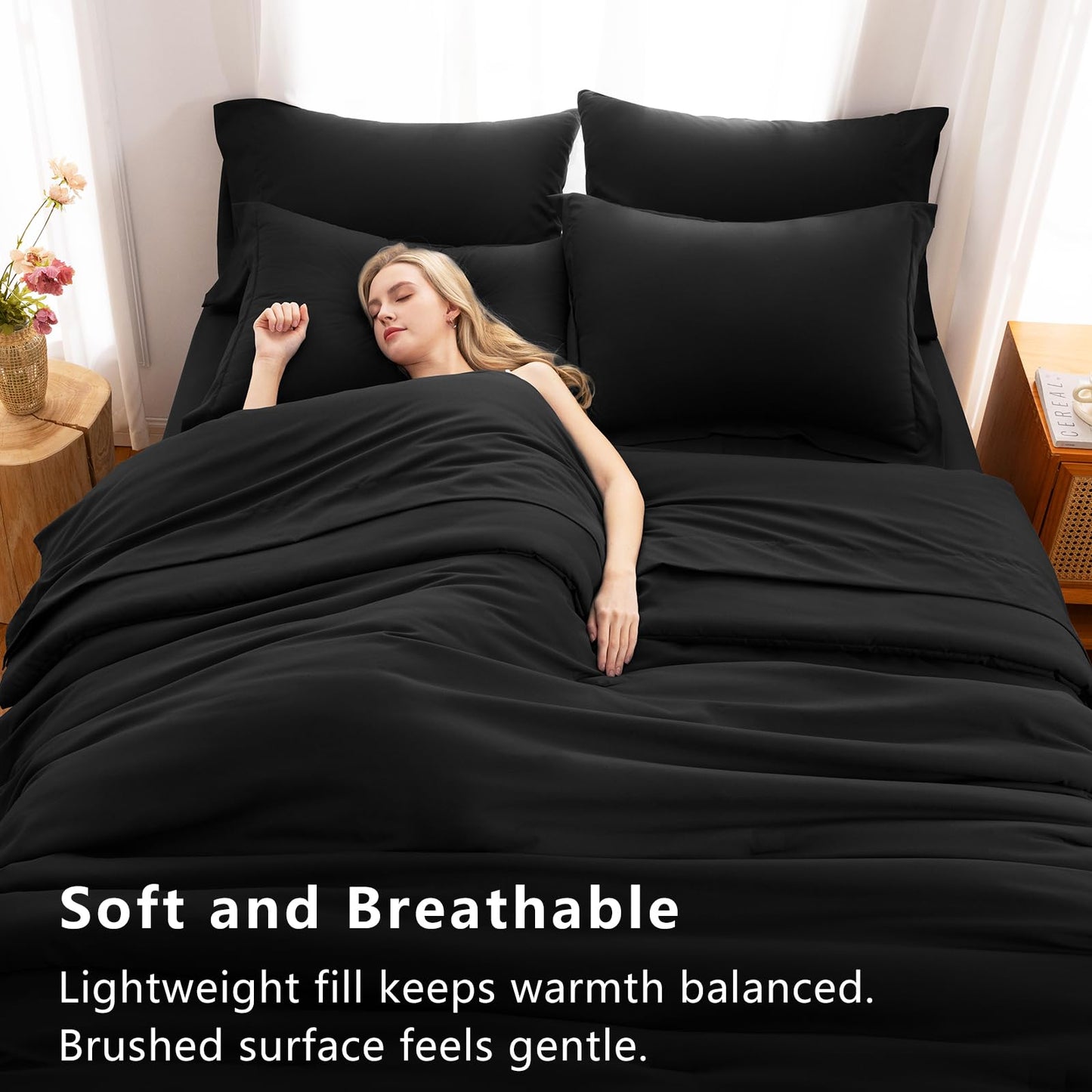 CozyLux King Size Comforter Set Black, 7 Pieces Bed in a Bag King Comforter Set with Sheets, Luxury Soft Bedding Sets with Down Alternative Comforter, Fitted Sheet, Flat Sheet, Pillowcases & Shams